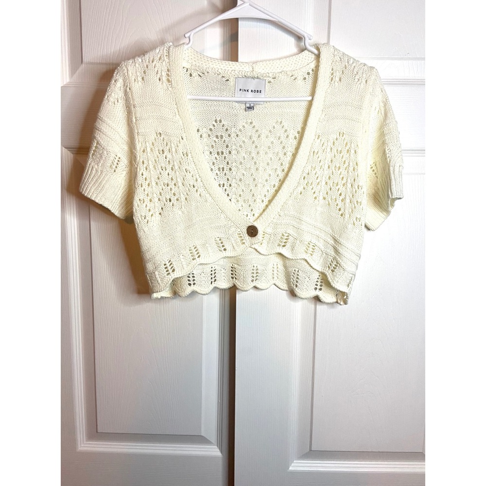 Pink Rose Cream Pointelle Cropped Cardigan Shrug V Neck Scalloped Short Sleeve